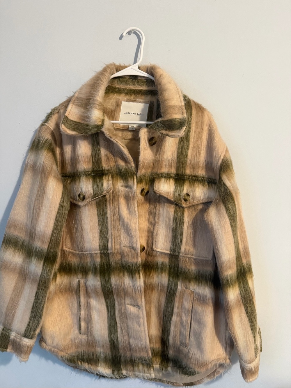 American Eagle Outfitters Taupe and Olive Plaid Shacket